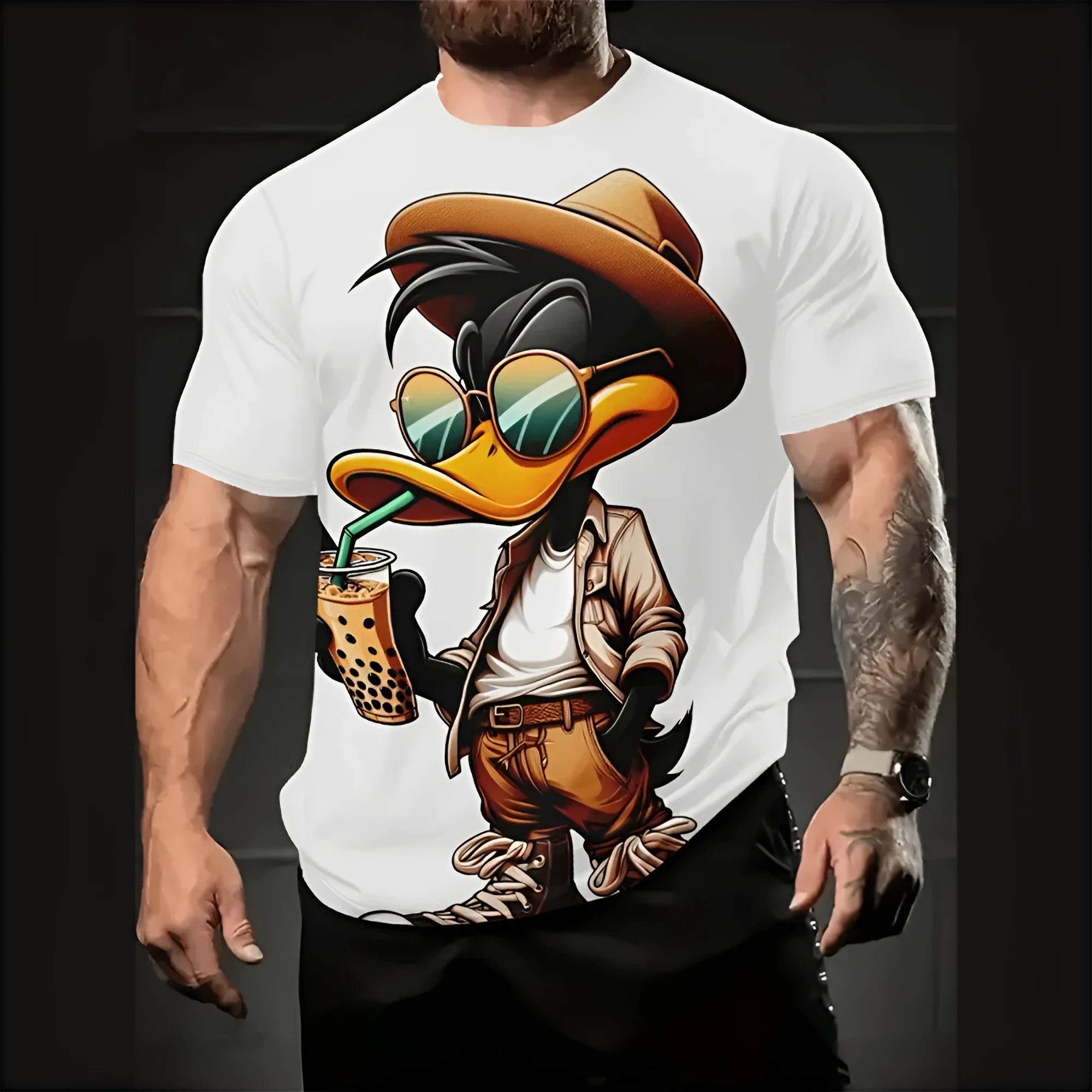Men's loose-fit casual shirt with a colourful cartoon 3D print on the front, short sleeves.