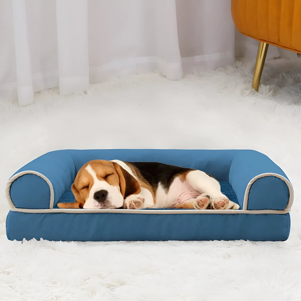 Square sponge dog bed in cloth material showing breathable cooling design