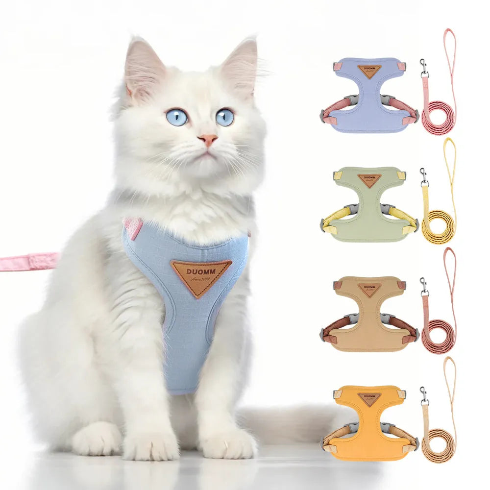 Cat chest harness and traction rope set in beige with anti-breaking cloth lead