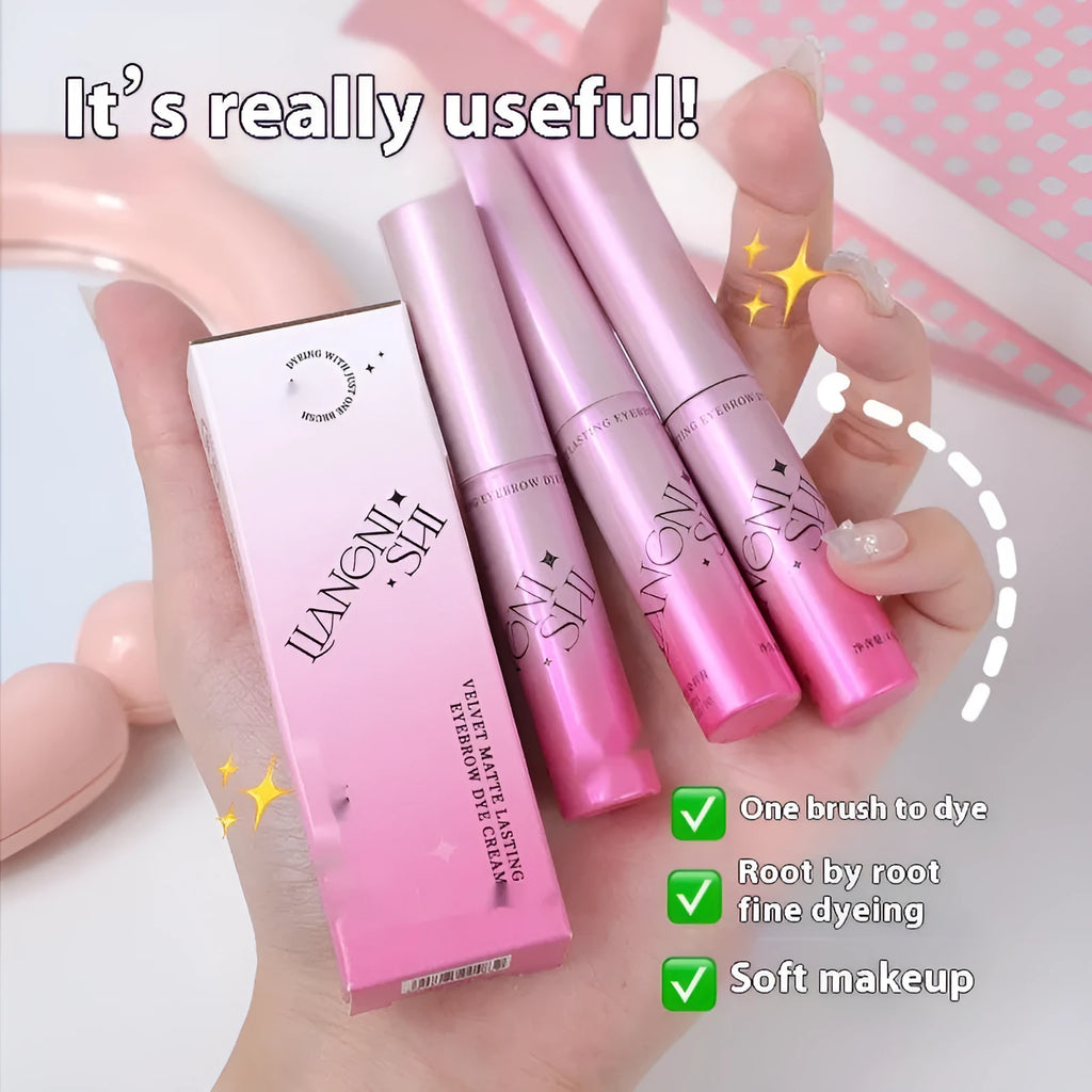 Velvet Fog eyebrow cream in 4.5g container showing four neutral shade options