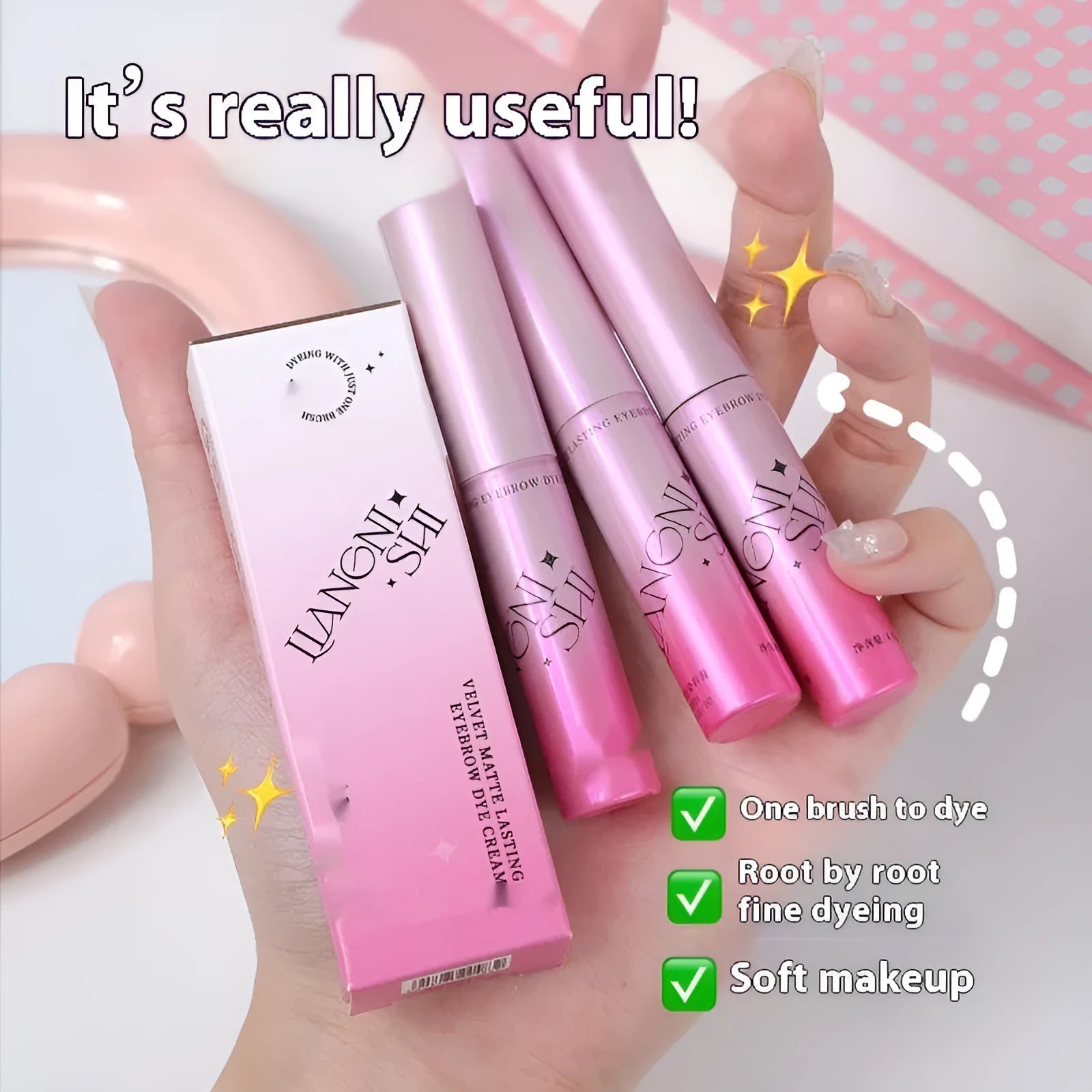 Velvet Fog eyebrow cream in 4.5g container showing four neutral shade options