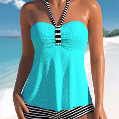 Black and white striped off-shoulder women's swimsuit with briefs style on mannequin