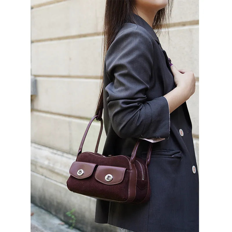 Medium genuine two-layer cowhide leather crossbody shoulder bag in solid colour with sewing line detail, 25x13x12cm