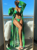Women's floral print banded bikini set with long sleeve robe cover-up in blue colour