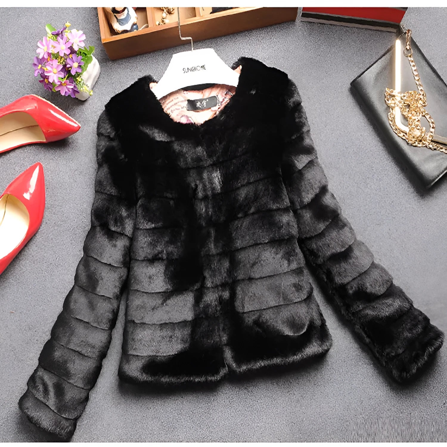 Women's short length faux fur top in white, black or beige with regular sleeves, 40cm length