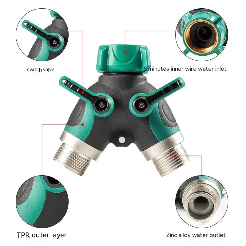 Garden zinc alloy 6-point double pass ball valve diverter with dual outlets