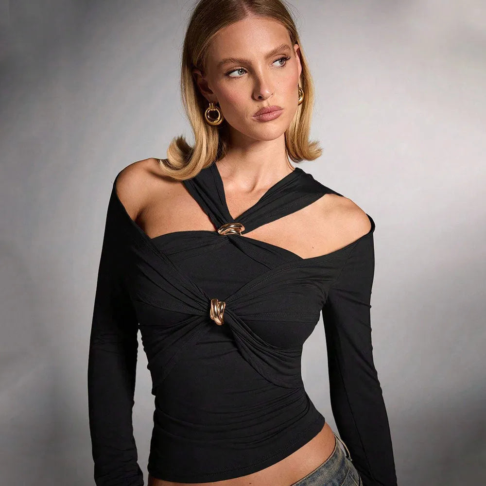 Black women's halter top with shoulder-baring design and slim fit silhouette