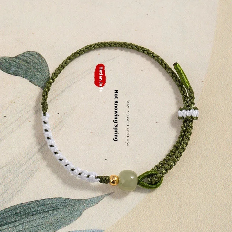 Hetian jade sterling silver Chinese national bracelet with colourful cord carrying strap