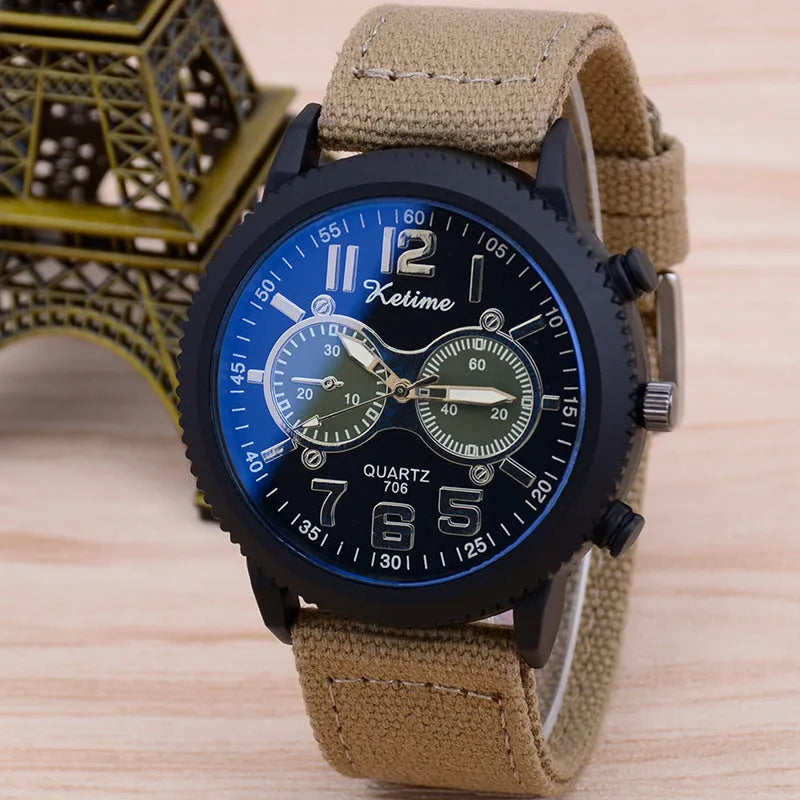 Men's fashion wristwatch with cloth band, 48mm dial, zinc alloy case, red colour
