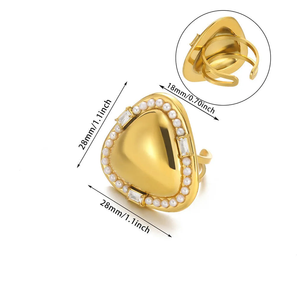 Stainless steel pearl zircon ring for women, adjustable opening, electroplating finish, European American style, colour JZ7336
