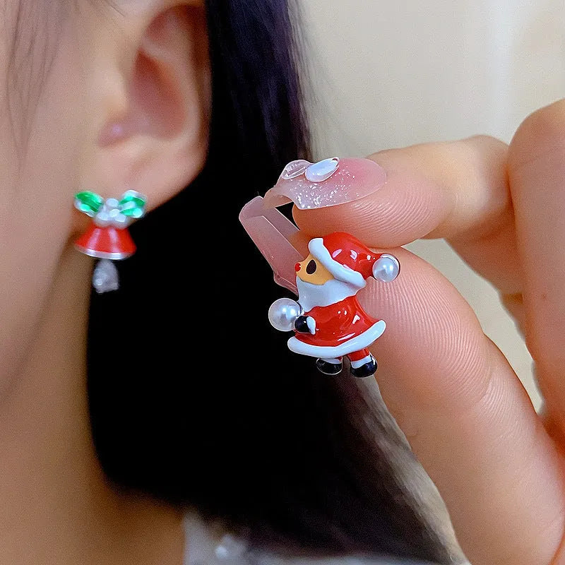 Pair of copper Christmas earrings with gold plating, cartoon Santa figure and jingling bell