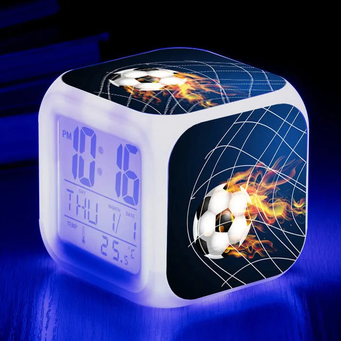 Football pattern children's square alarm clock with digital display and mute alarm function
