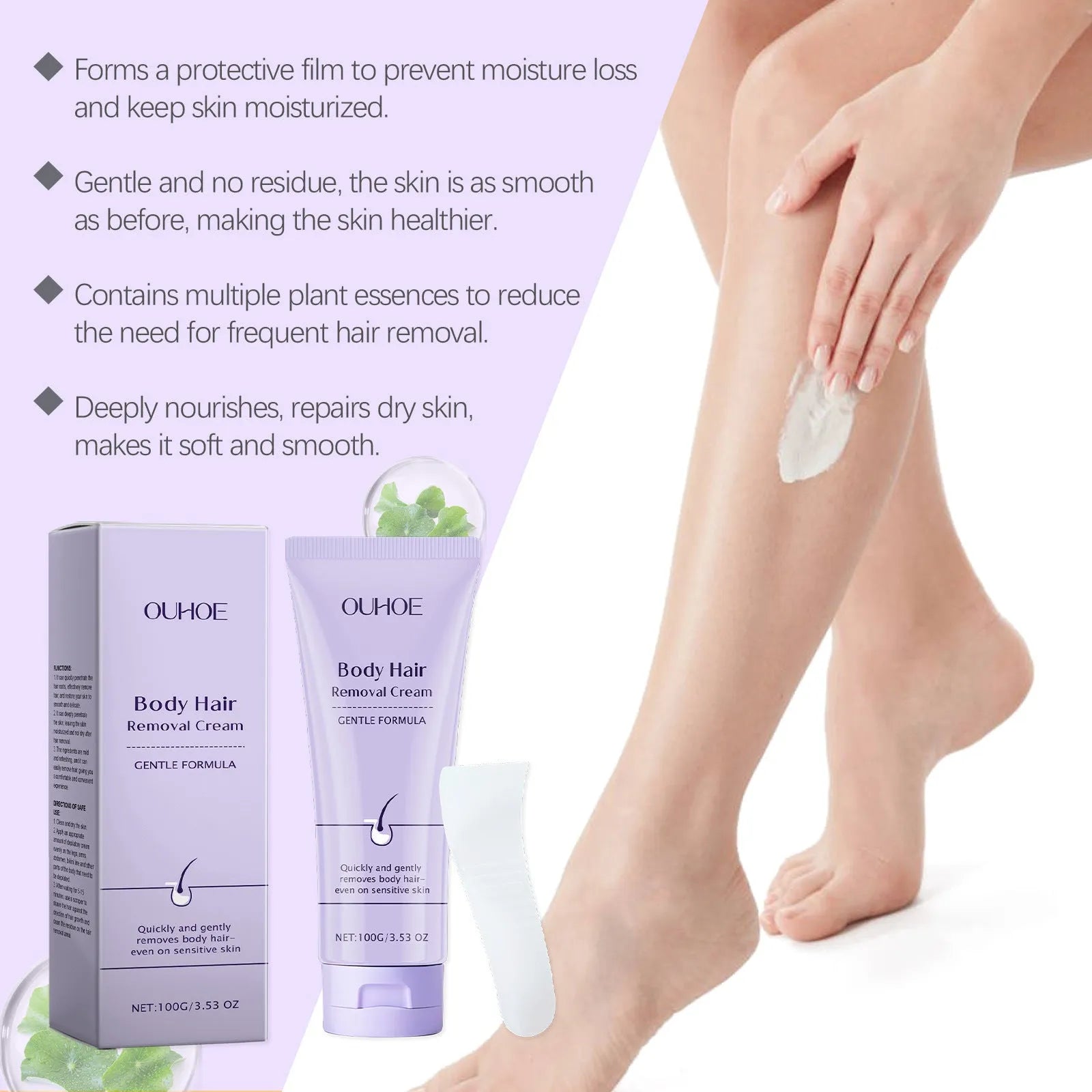Ouhoe gentle body depilatory cream 100g tub with scraper for sensitive skin hair removal