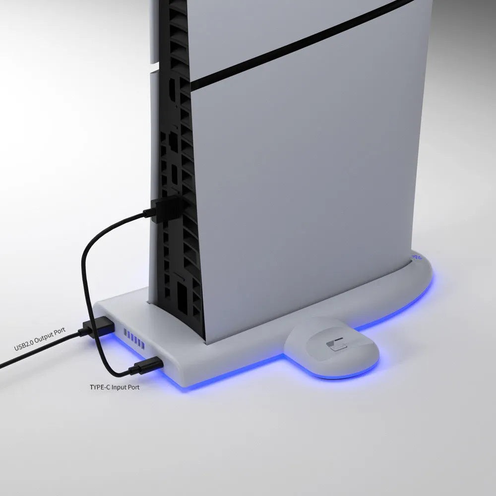 White PS5 charging dock with cooling fan, RGB lighting, and controller charging belt