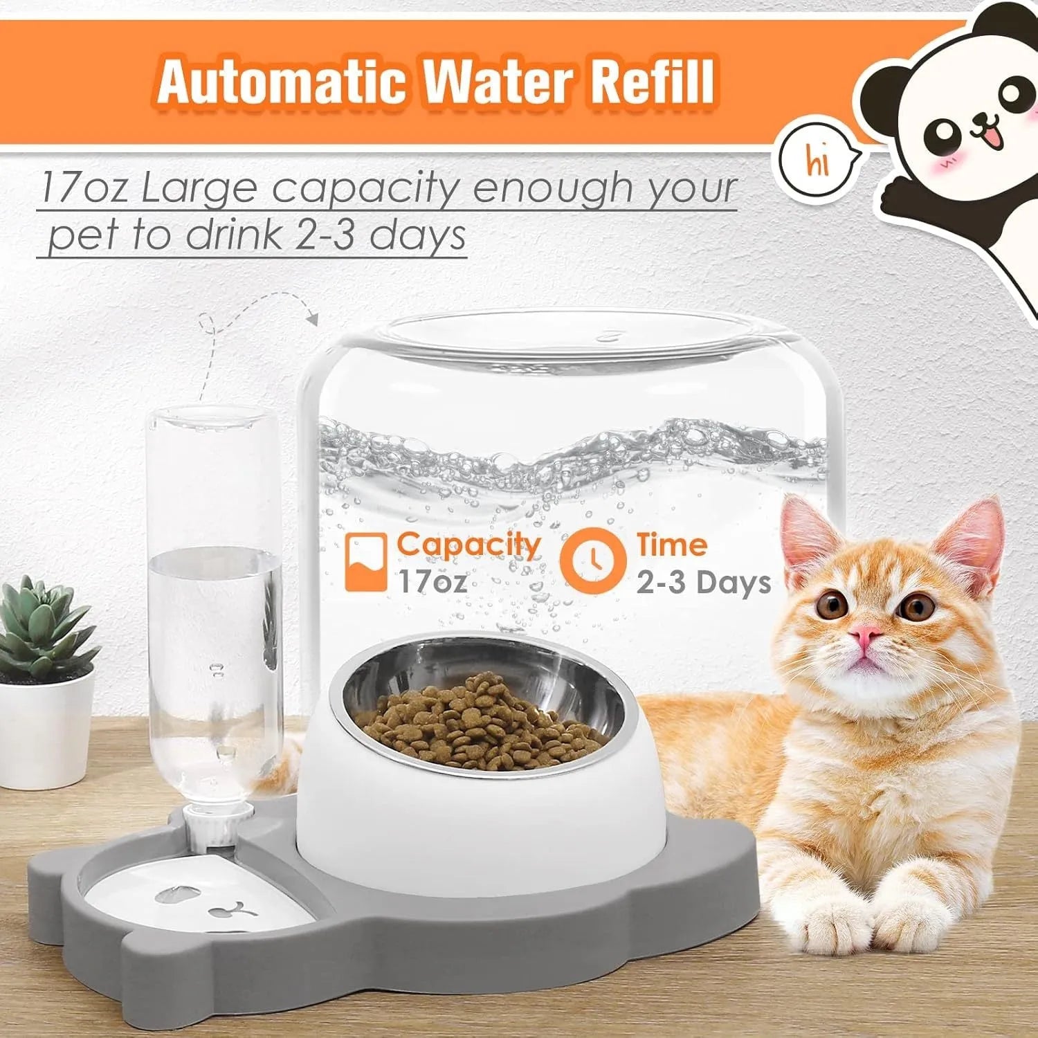 Grey and green tilted elevated pet bowl set with automatic water dispenser bottle for cats and small dogs.