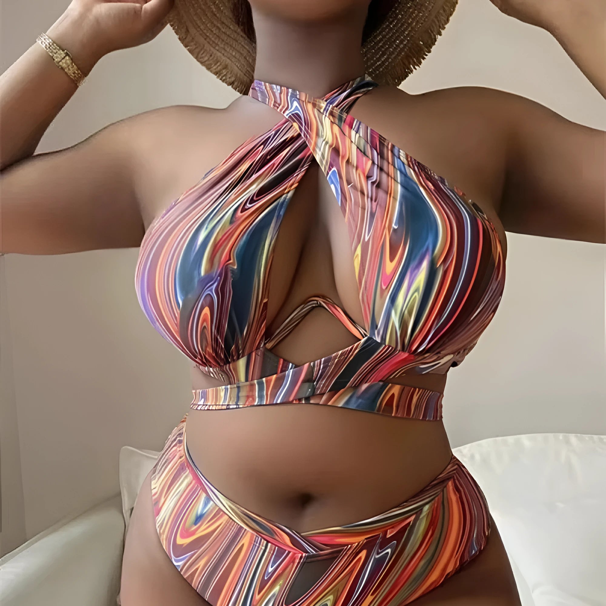 Women's high waist split floral bikini swimsuit in polyester with matching top and pants