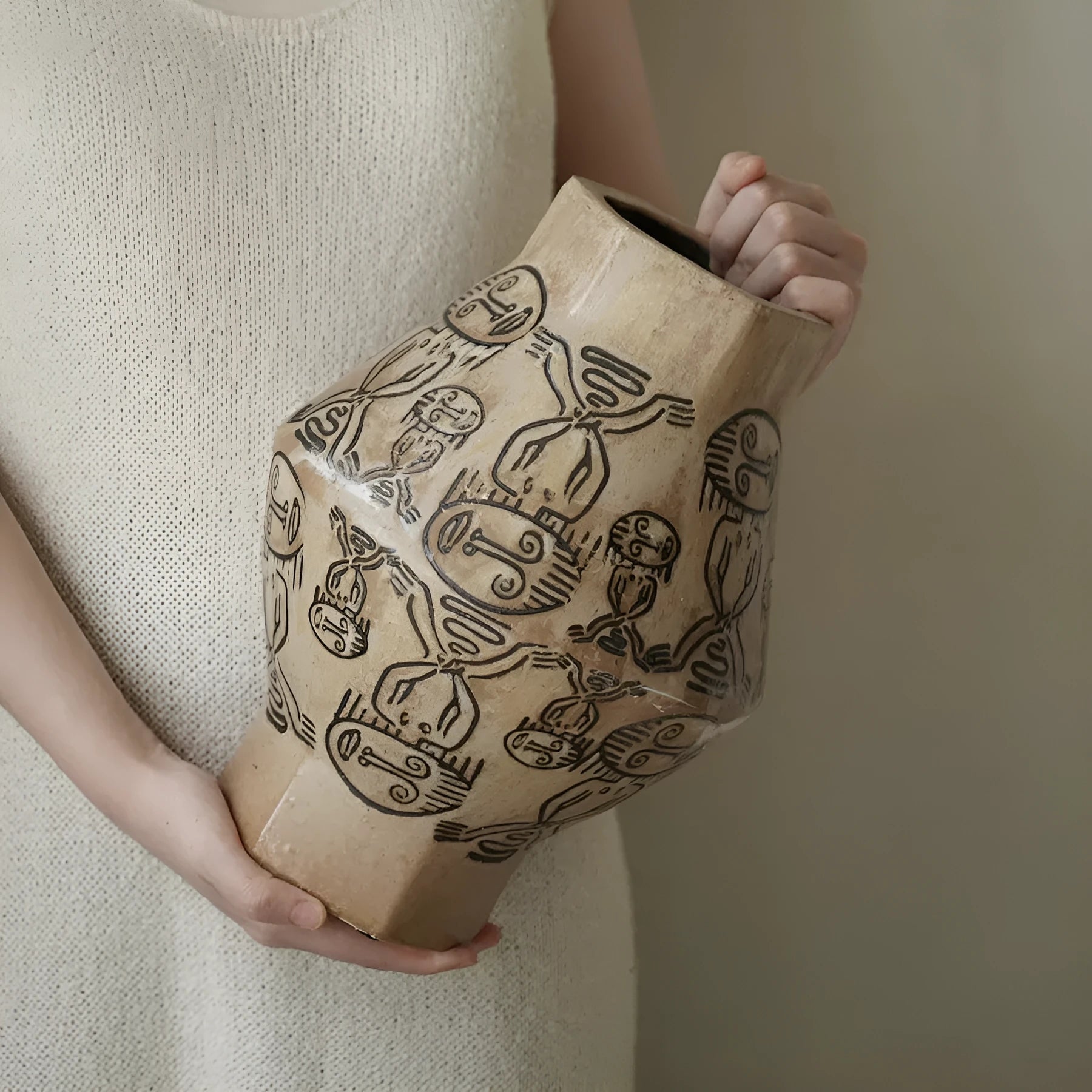 Hand-painted cylindrical ceramic vase with vintage carved tribal totem flower art.