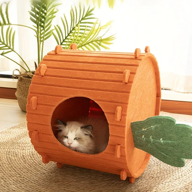 Carrot-shaped felt cat tunnel and semi-enclosed nest for indoor cats, shown in a colour assortment.