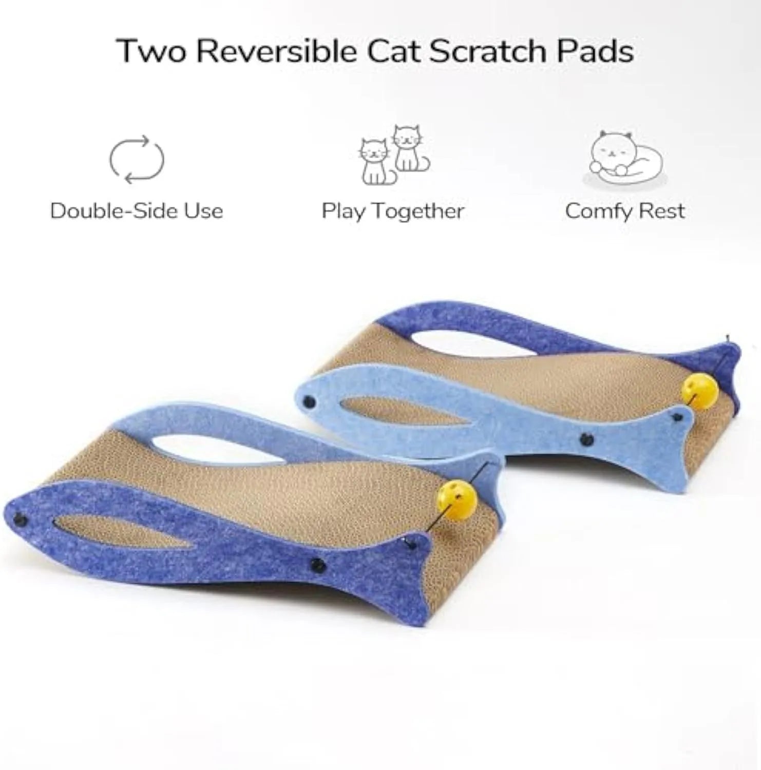 Blue fish-shaped cat scratcher pad with ball toy on elastic cord, cardboard construction with wavy lounge surface