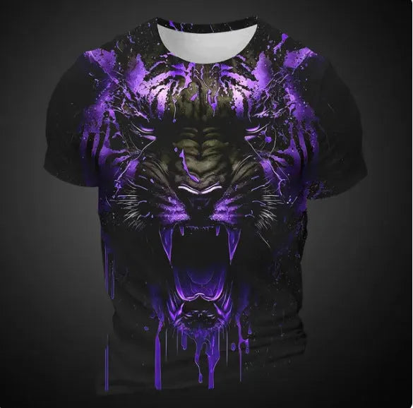 Men's short sleeve T-shirt with 3D tiger pattern print in polyester bird eye cloth