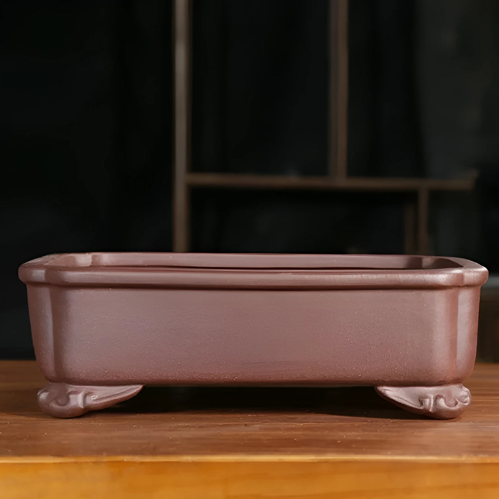 Purple sand rectangular bonsai pot with antique styling and corner-cut design