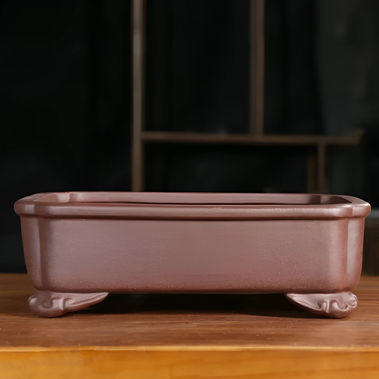 Purple sand rectangular bonsai pot with antique styling and corner-cut design