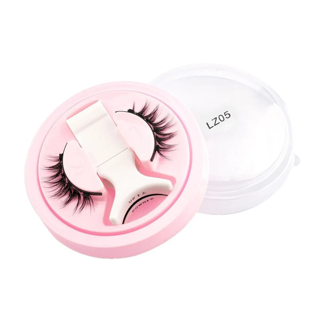 Set of reusable waterproof false eyelashes in a natural thick style with glue-free application.