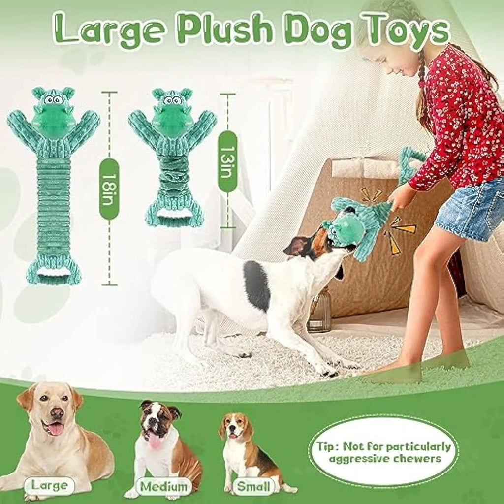 Large blue plush dog toy with handle for tug-of-war play