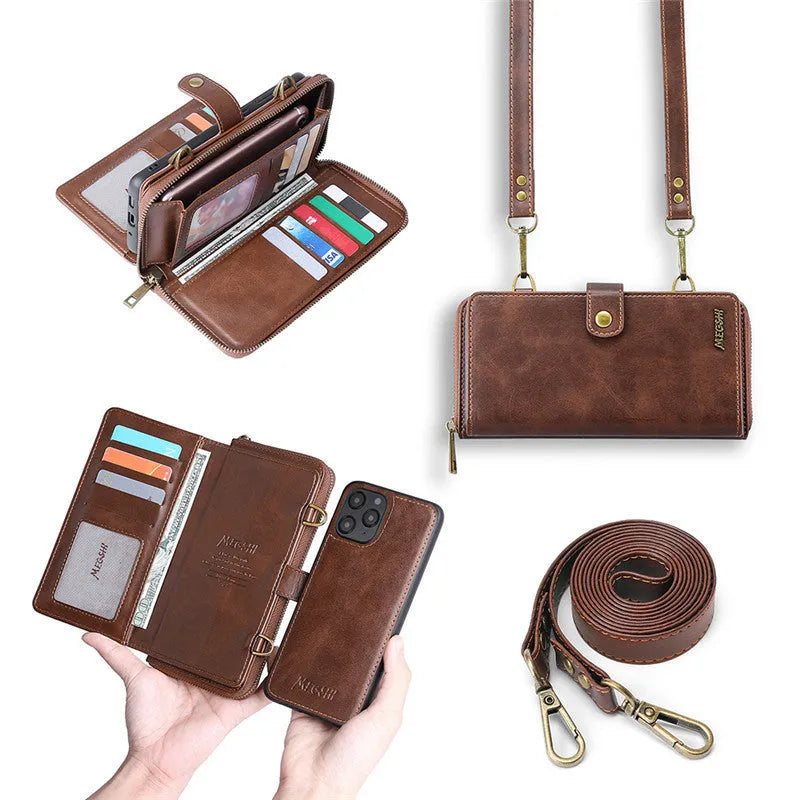 Black detachable magnetic wallet phone case for iPhone and Samsung Galaxy Note models on a table.