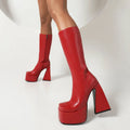 Women's artificial PU casual high boots in black, red, blue, and white colours