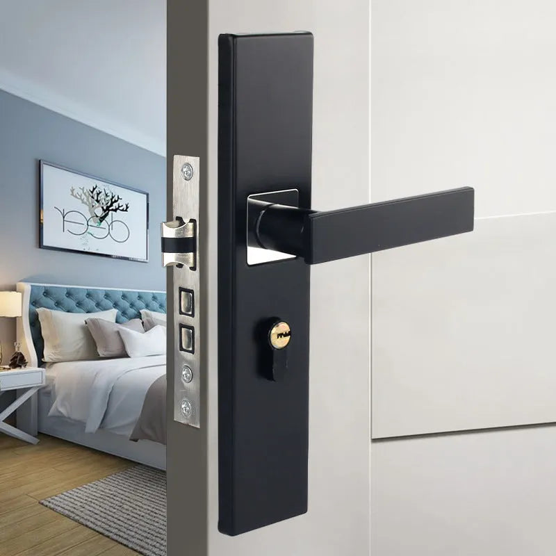 Aluminium split magnetic door lock handle for timber doors in black and silver finish.