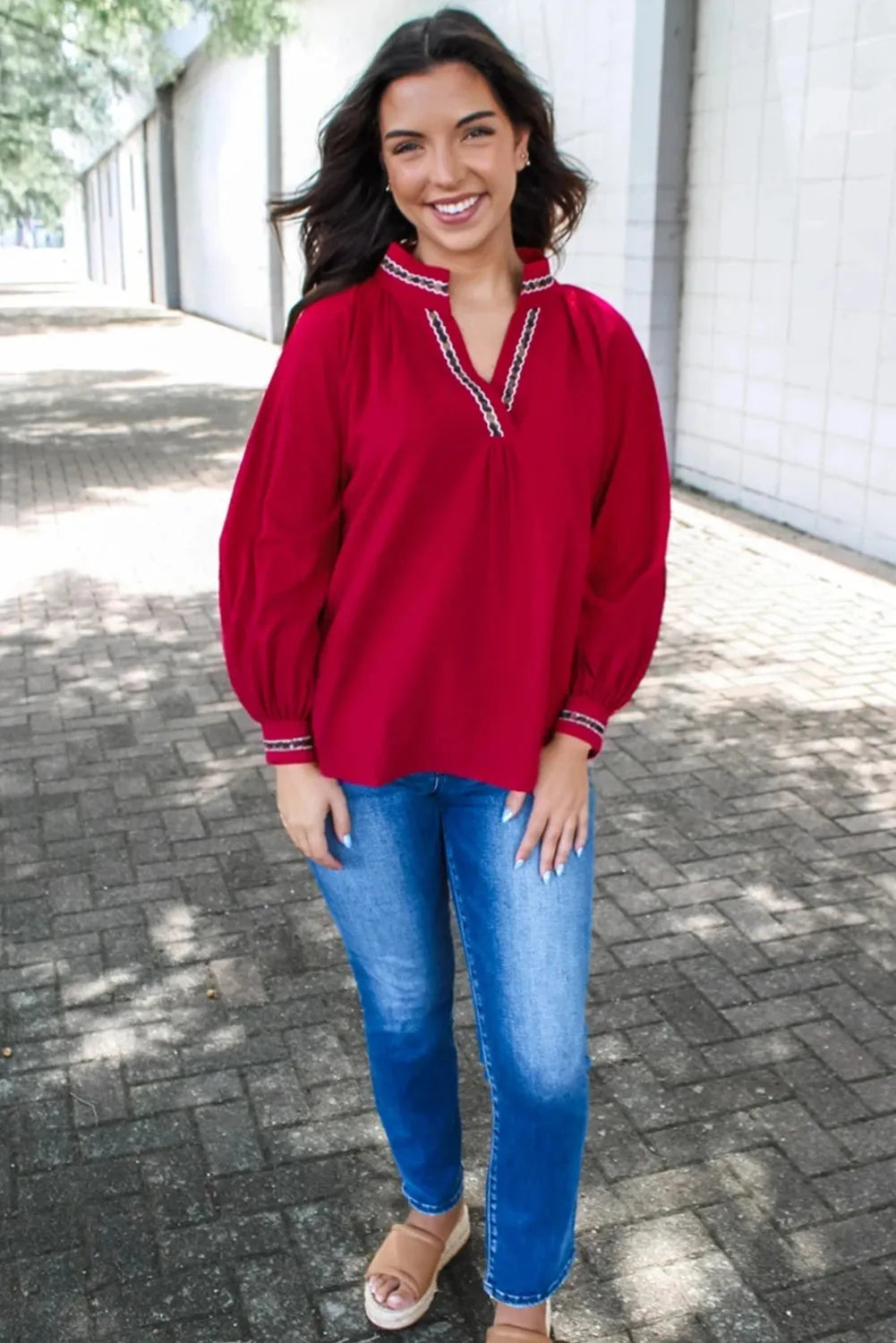 Women's red embroidered collar printed shirt loose fit pullover top polyester