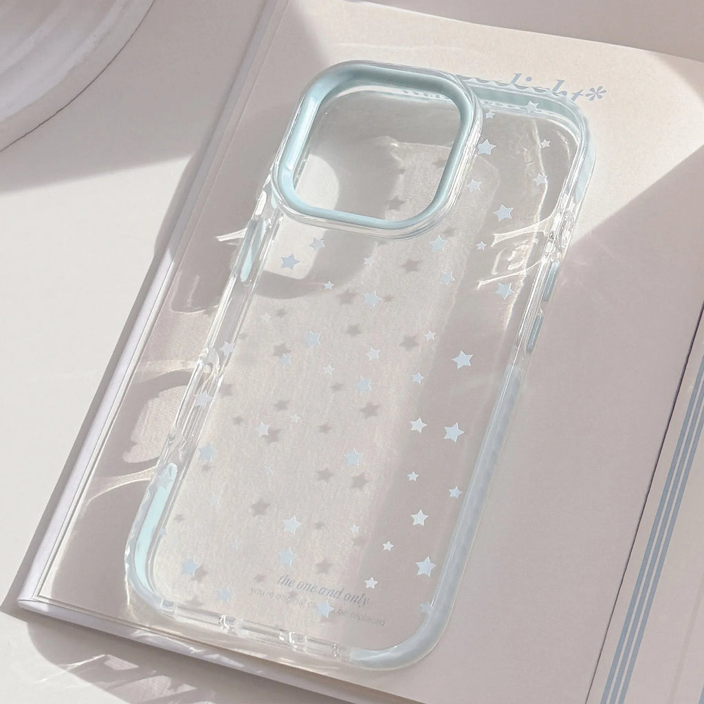 Blue edge and blue star dots TPU phone case for Apple iPhone, transparent back