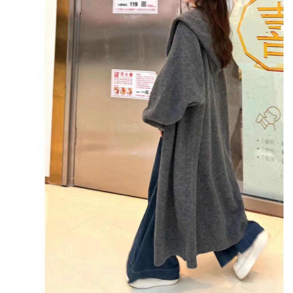 Korean style hooded long knitted cardigan for women in brown colour, below knee length