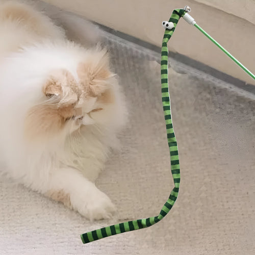 Colourful cat wand toy with a long plush strip teaser and bell, held by a polycarbonate handle.