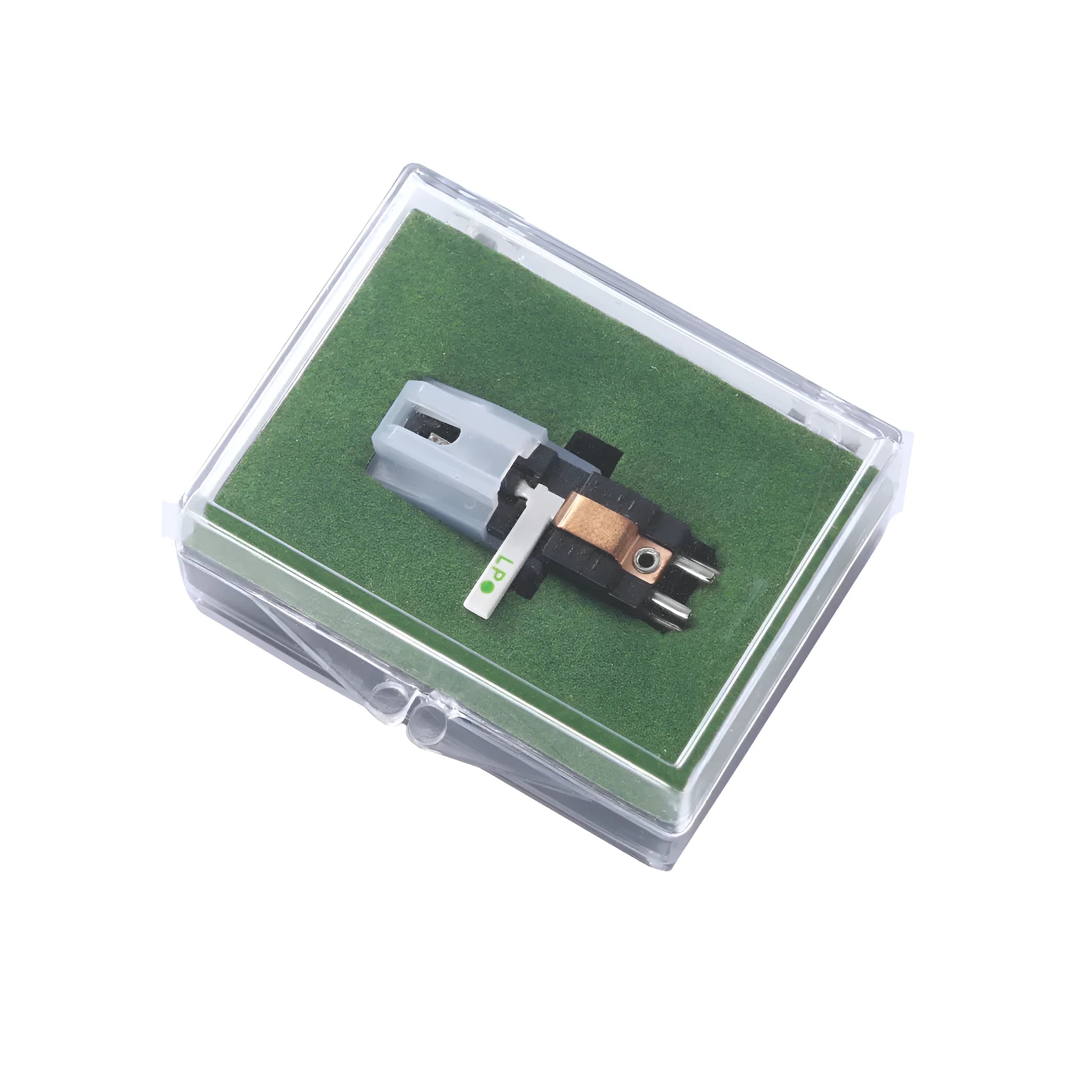 Double needle magnetic turntable cartridge pickup head with ABS plastic shell.