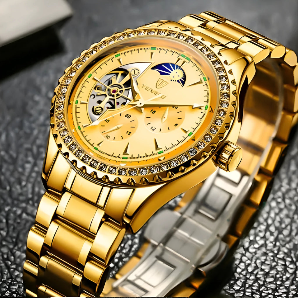 Men's automatic mechanical watch with stainless steel strap and round dial in gold finish