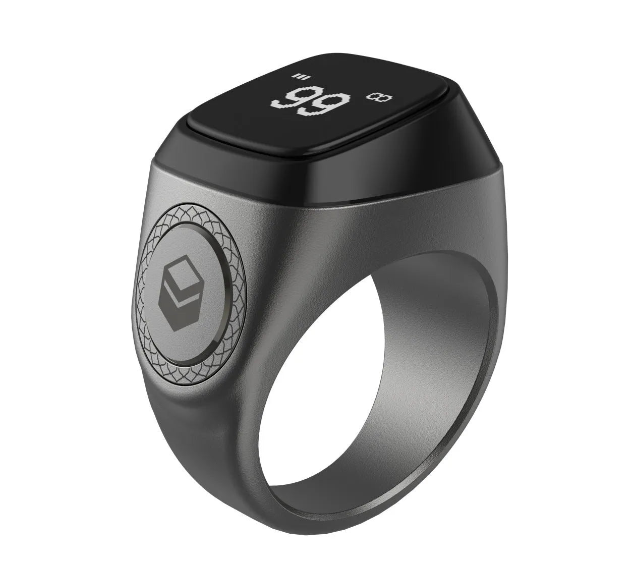 Zikr1 metal smart ring with OLED screen on a finger, showing a Tasbih count.
