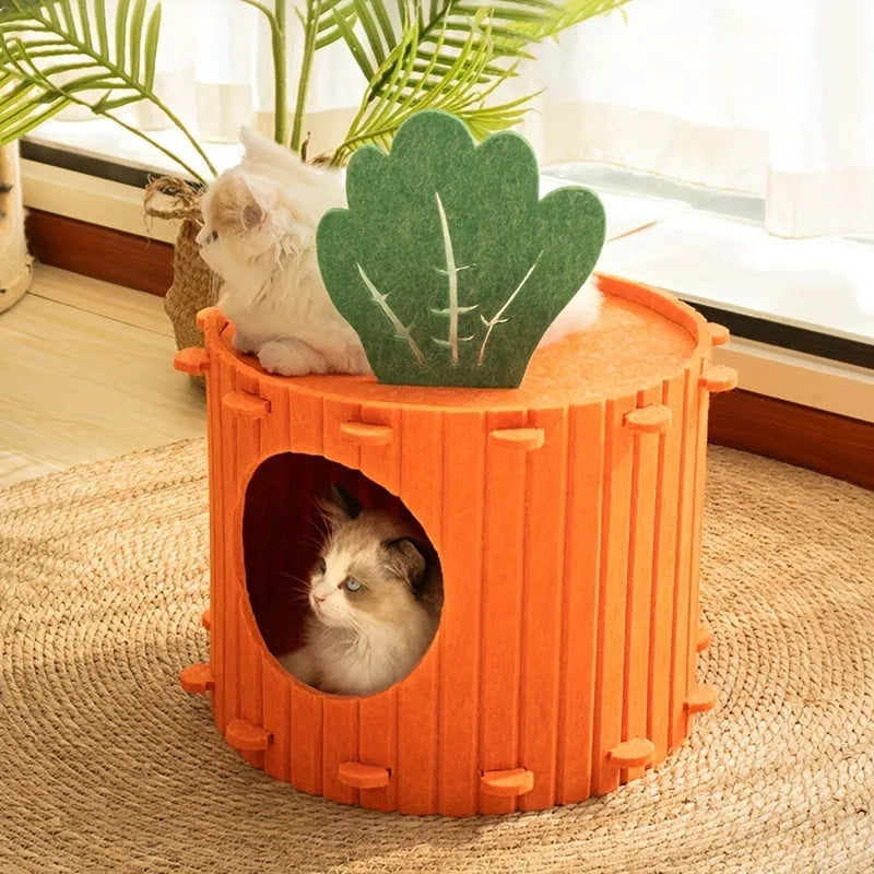 Carrot-shaped felt cat tunnel and semi-enclosed nest for indoor cats, shown in a colour assortment.