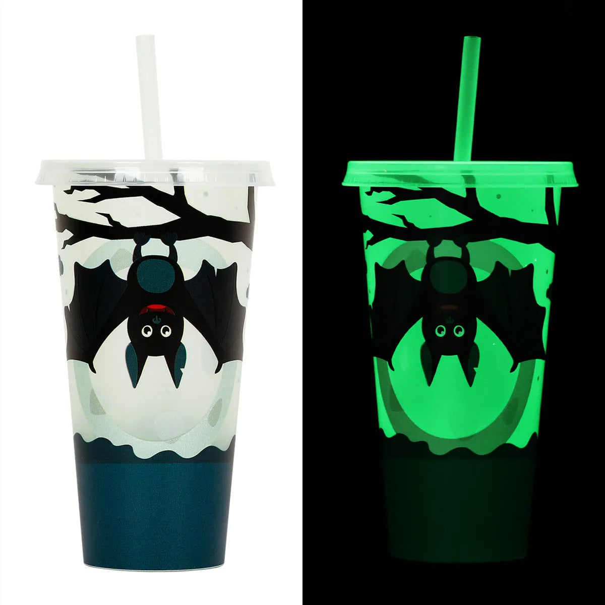 A 720ml cylindrical plastic cup with a luminous straw, shown in various colours for Halloween.