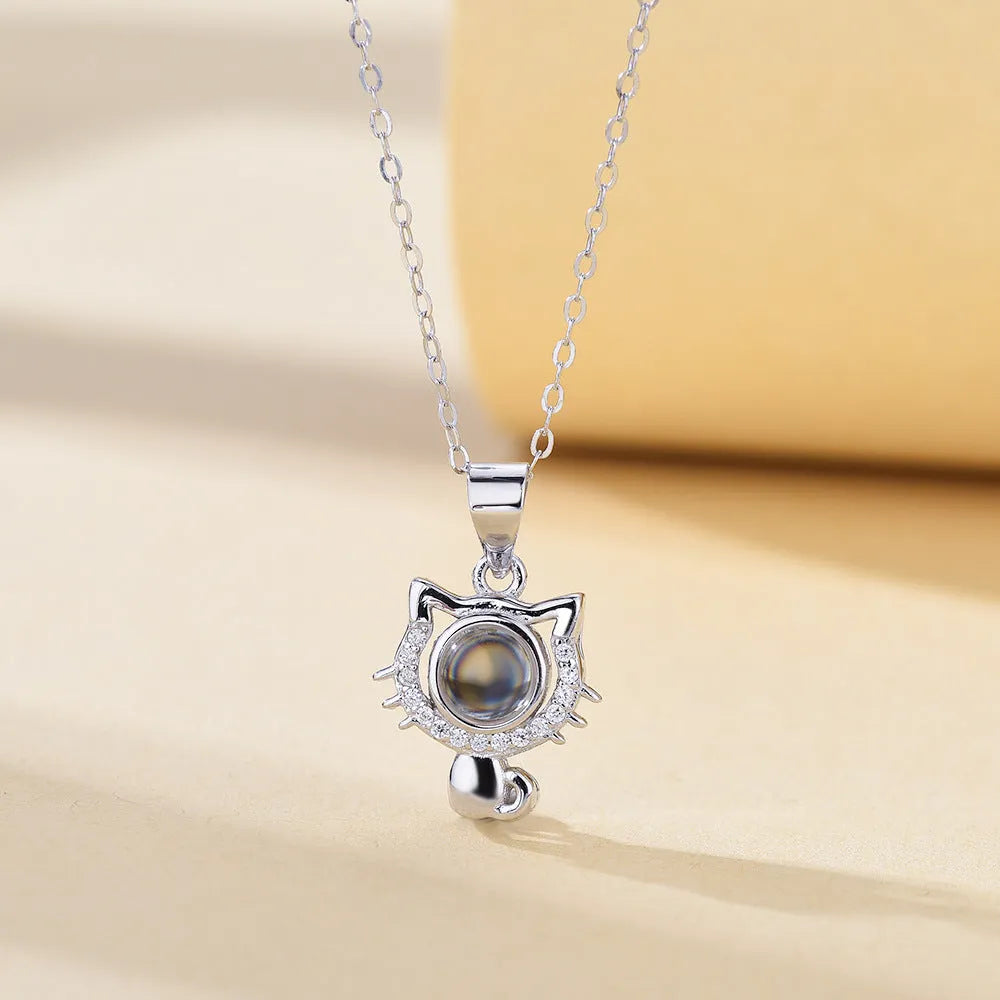 I Love Your Cat Photo Customized Projection Necklace 925 silver pendant with cat photo customisation in white gold finish