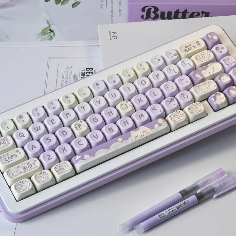 Sublimation PBT key cap set for Wooting magnetic shaft keyboards, showing Taro Kitten Moa design on a dark background