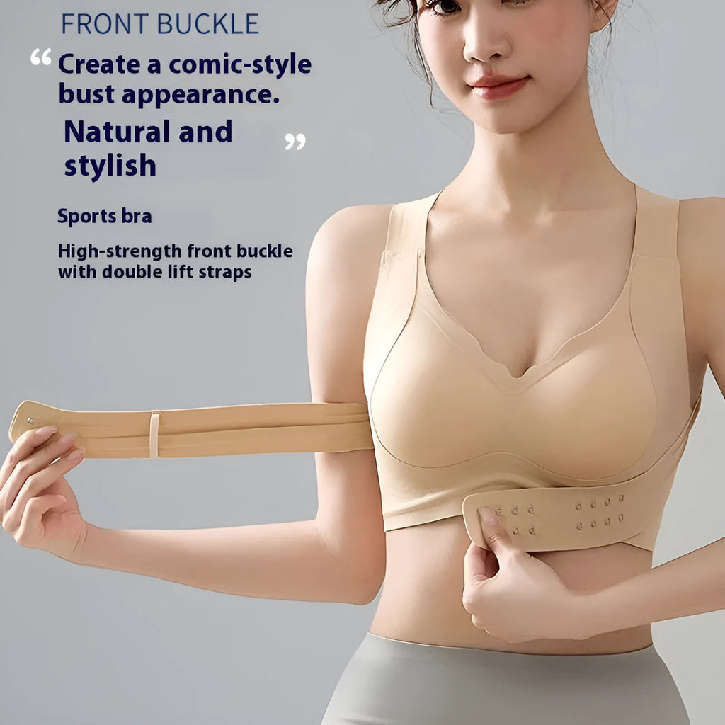 Front-clasp women's yoga sports bra with adjustable criss-cross straps and a shaping back panel.