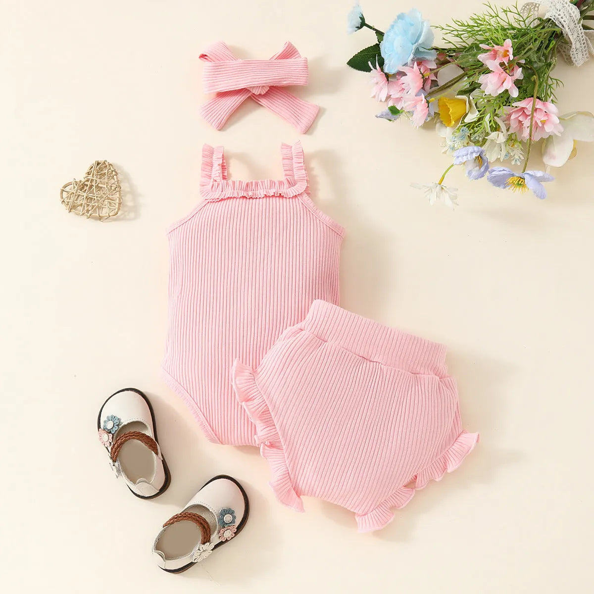 Girls summer romper three-piece set in LB345 pink with sleeveless hoodie and shorts on white background