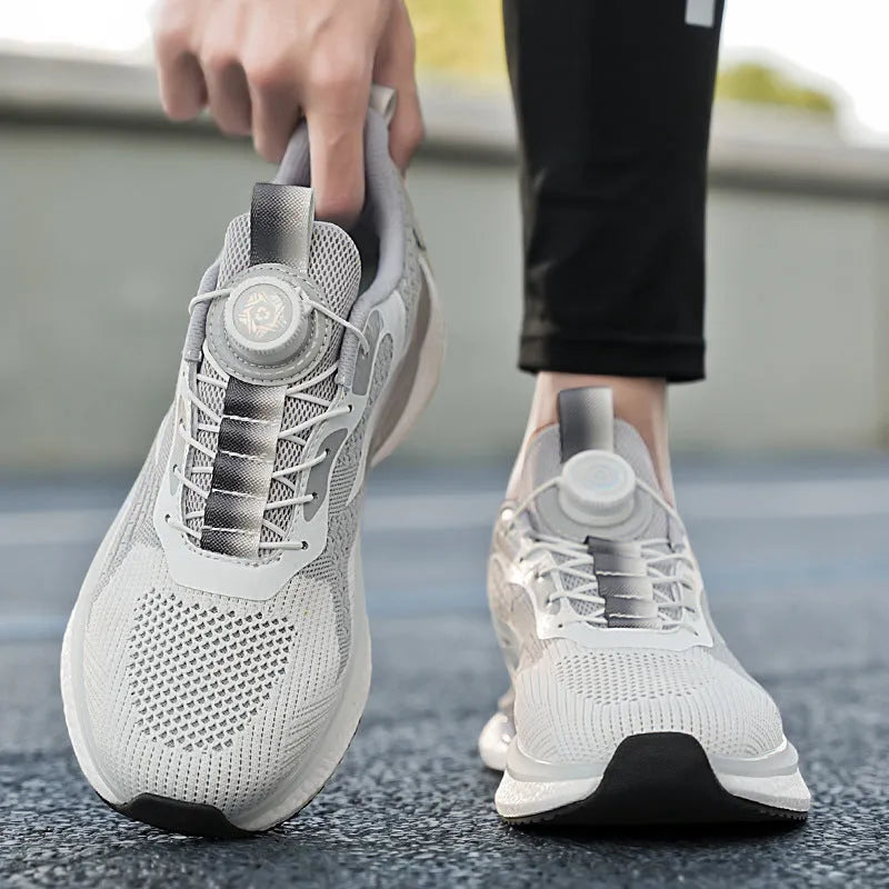 Men's white Korean-style running shoes with rotating button fastening and mesh upper