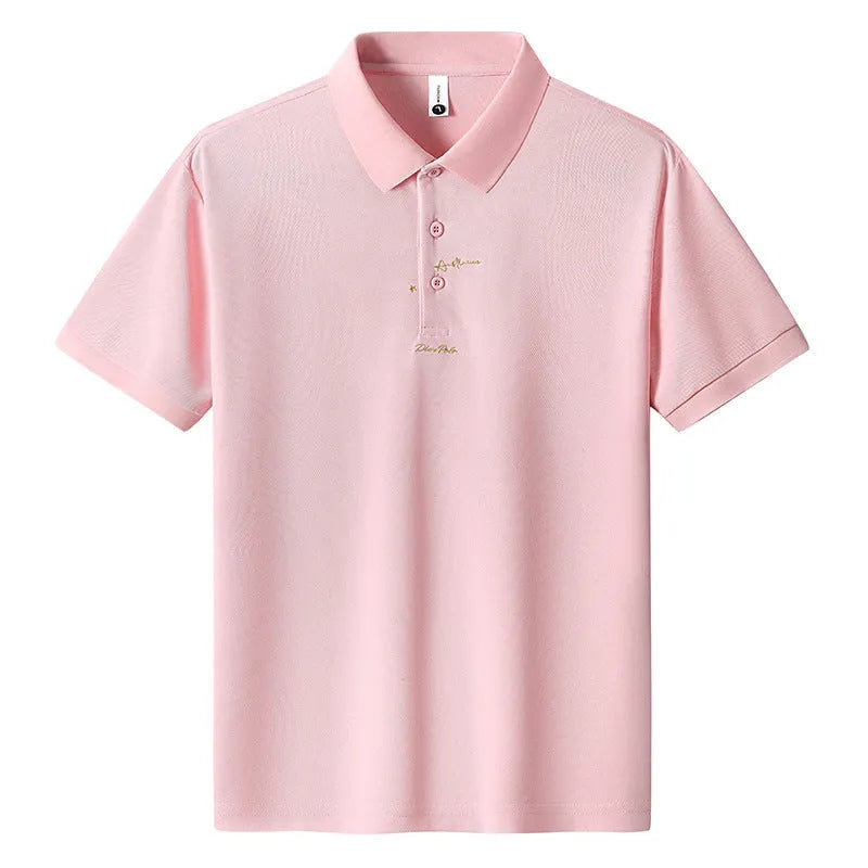 Men's loose-fitting short sleeve cotton T-shirt in six colour options on a size chart background.