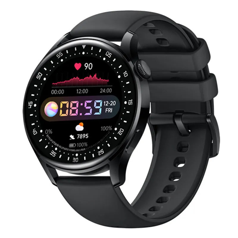 Smart watch with 1.32-inch touchscreen display showing health metrics on leather wristband