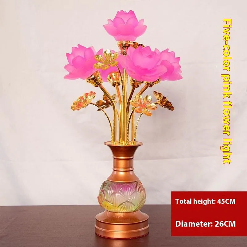 Colored glaze lotus lantern with alloy base, pink floral petals, and LED light for temple worship