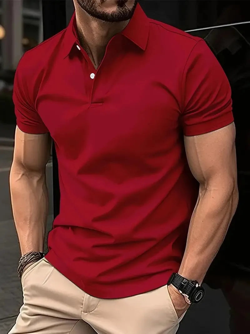 Men's slim-fit solid colour short sleeve button-up shirt in a cotton-mix fabric