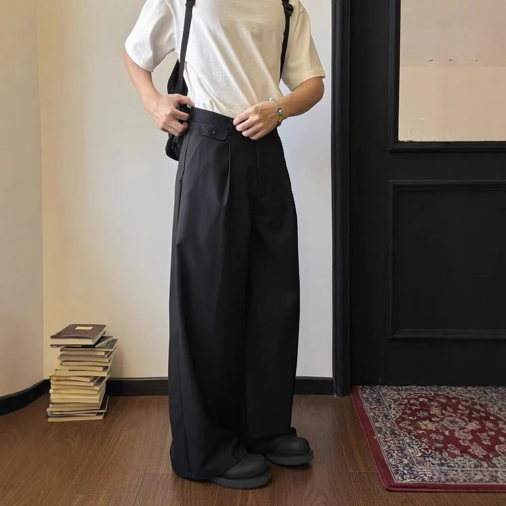 Men's brown straight-leg casual suit pants with loose wide-leg design